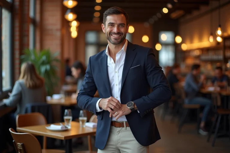Homme élégant en blazer dans un café urbain