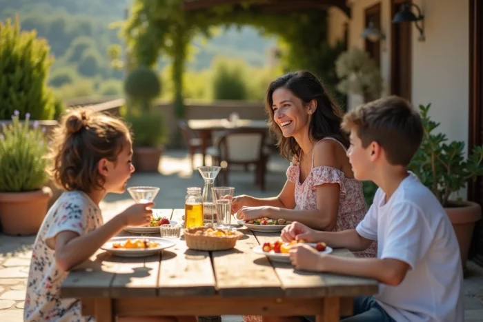 Jenifer en famille avec son fils Aaron Nouchy et un autre enfant autour d'un repas en terrasse, ambiance chaleureuse et naturelle