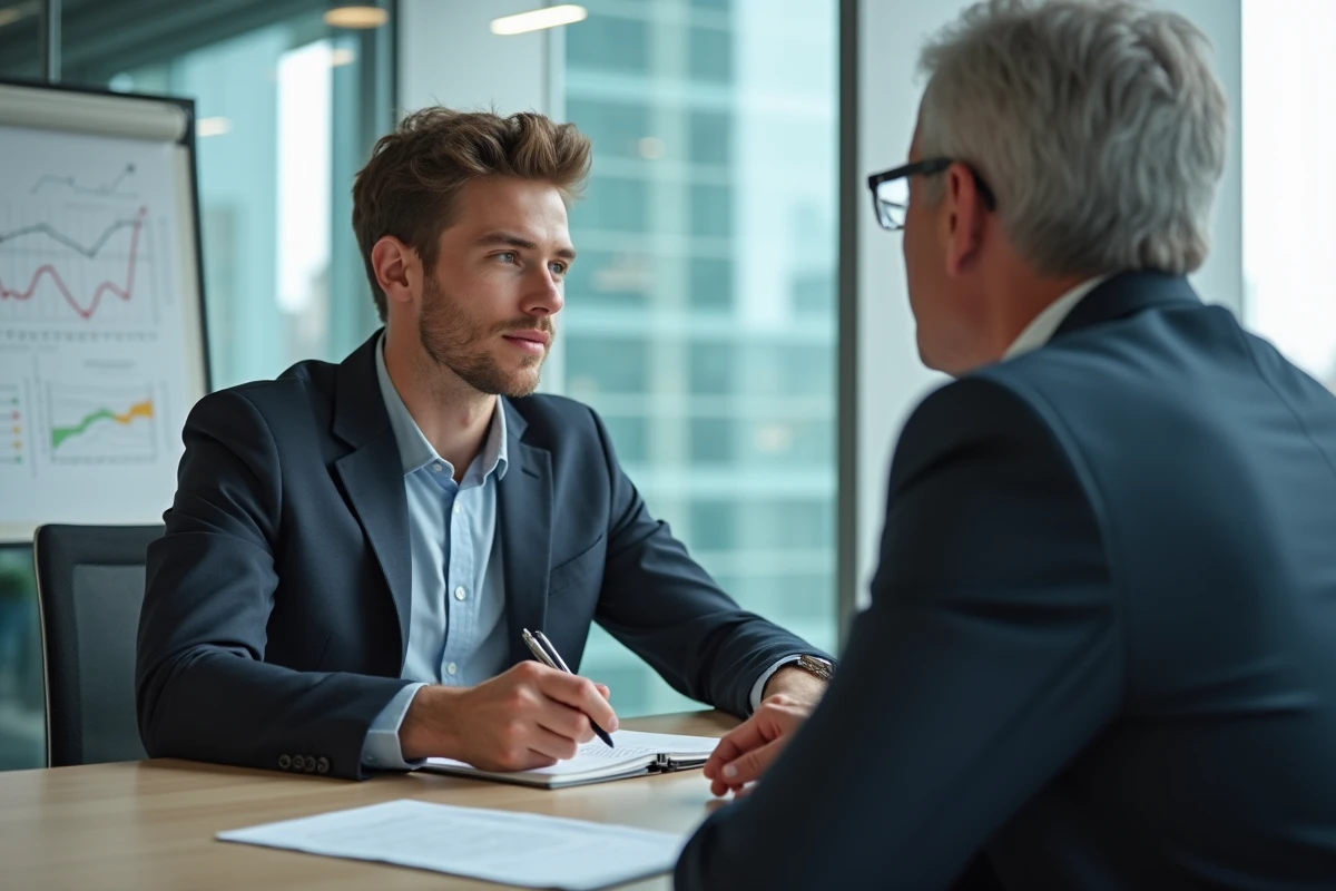 Jeune homme discutant avec un conseiller financier dans un bureau moderne