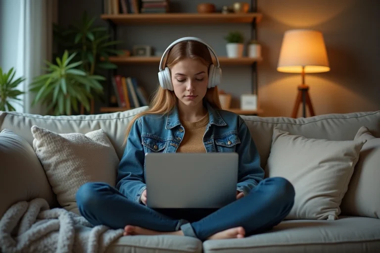 Jeune femme détendue regardant un film à la maison