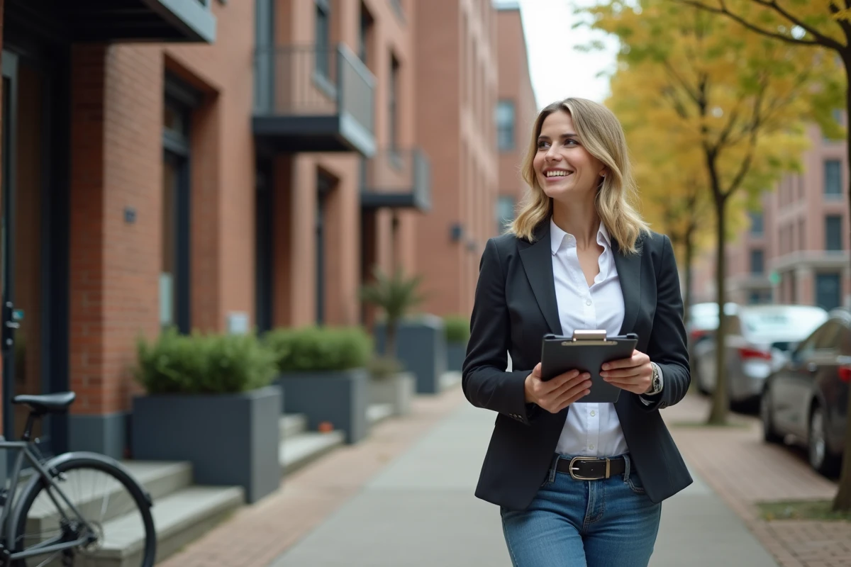 Jeune femme avec clés devant un immeuble rénové