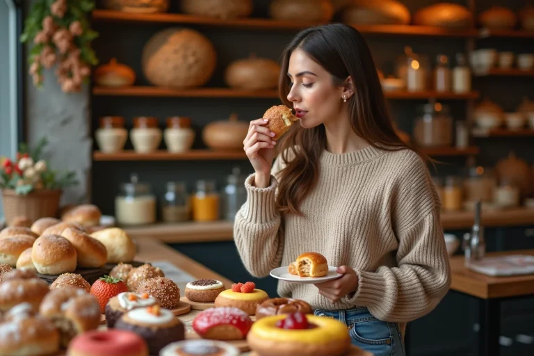 Jeune femme dégustant des pâtisseries dans un marché artisanal
