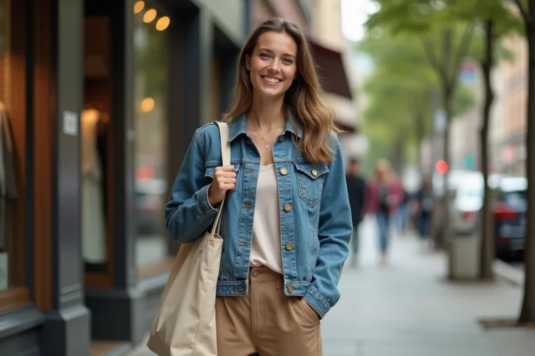 Jeune femme souriante en ville avec vêtements écologiques