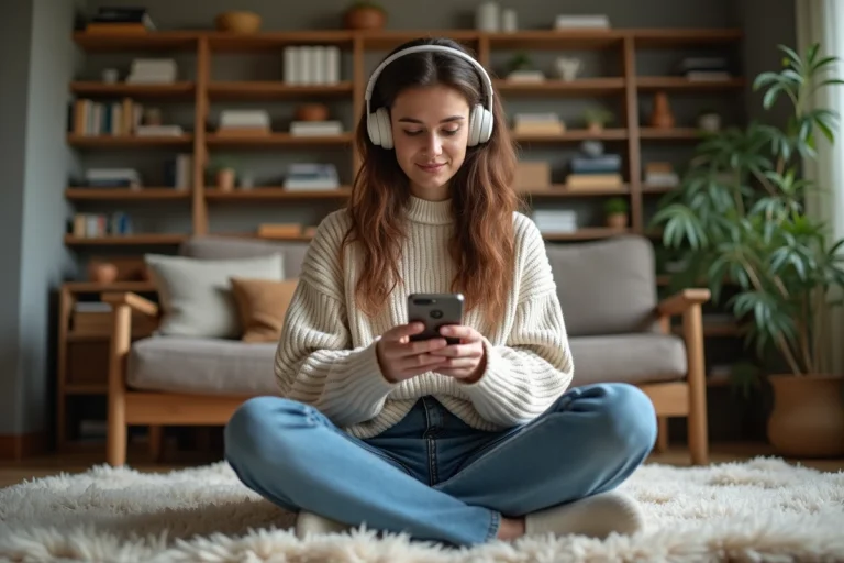 Jeune femme concentrée sur son smartphone dans un salon cosy
