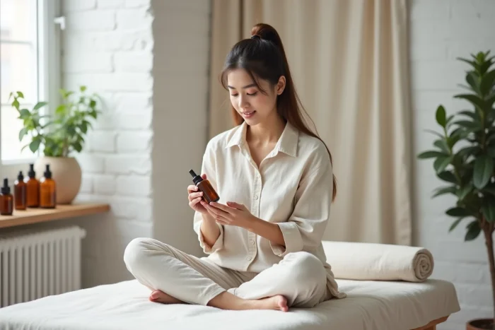 Jeune femme lisant l'étiquette d'un produit de soin professionnel dans un studio bien-être minimaliste
