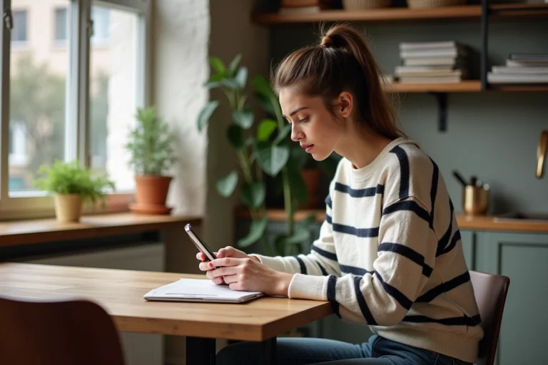 Jeune femme concentrée avec smartphone dans une cuisine lumineuse