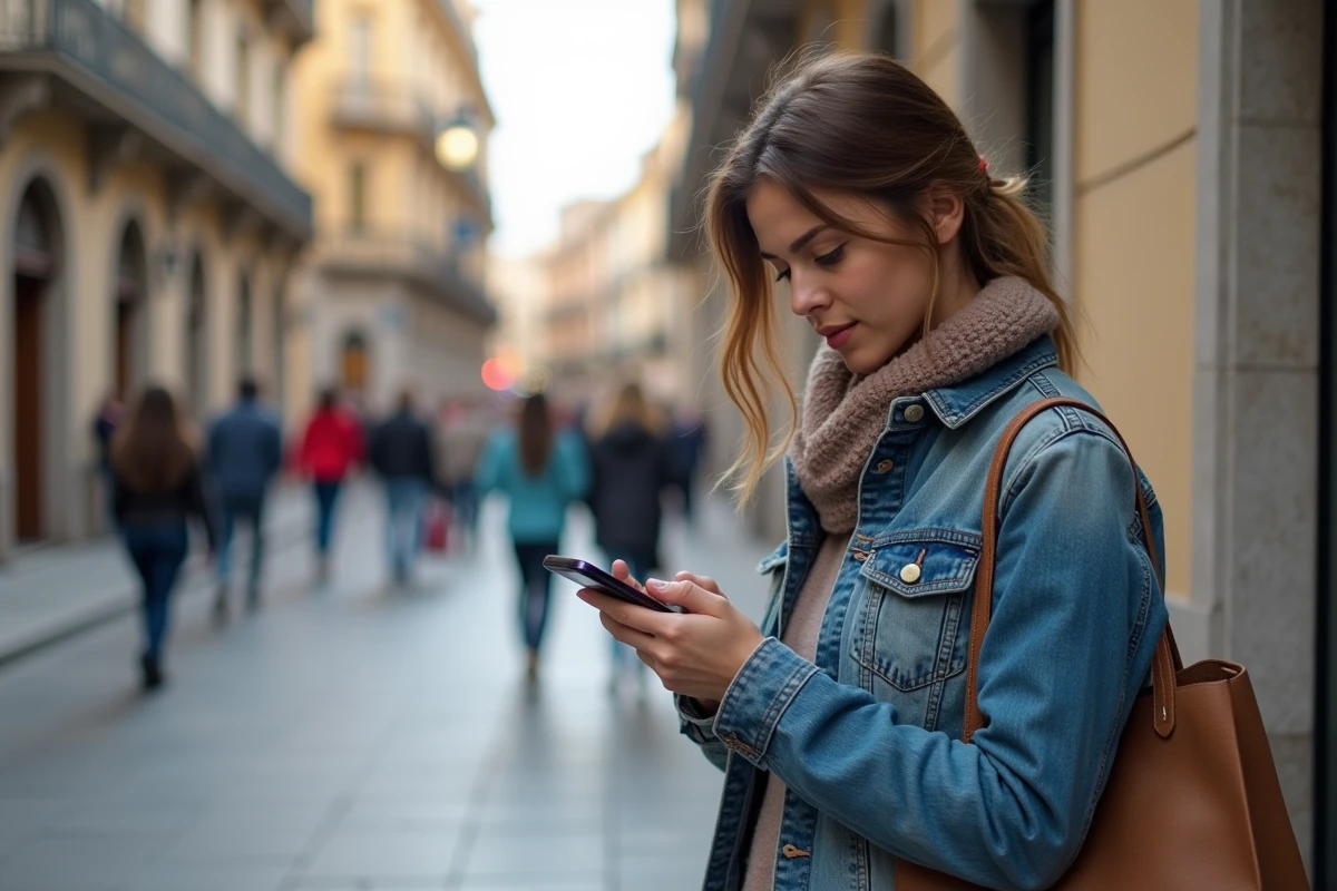 Jeune femme lisant son smartphone dans une place espagnole