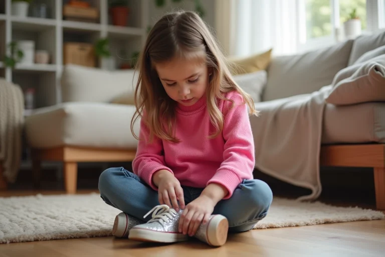 Jeune fille regardant ses chaussures à paillettes dans un intérieur cosy