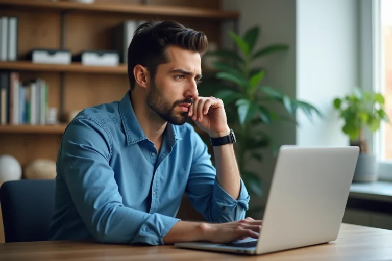 Jeune homme perplexe au bureau à domicile