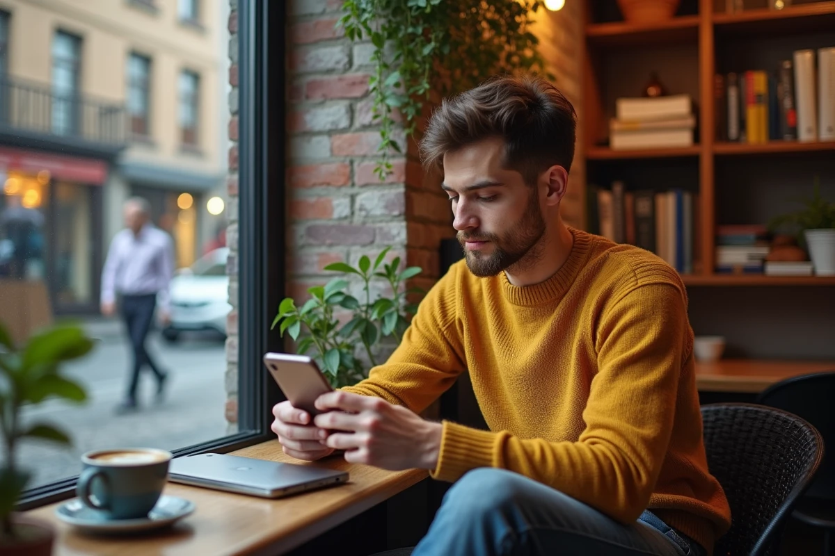 Jeune homme au café regardant son smartphone