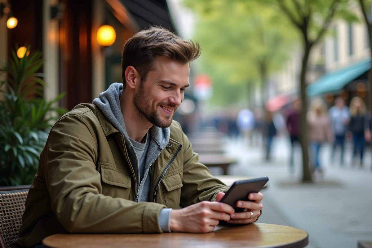 Jeune homme avec tablette dans un café urbain animé