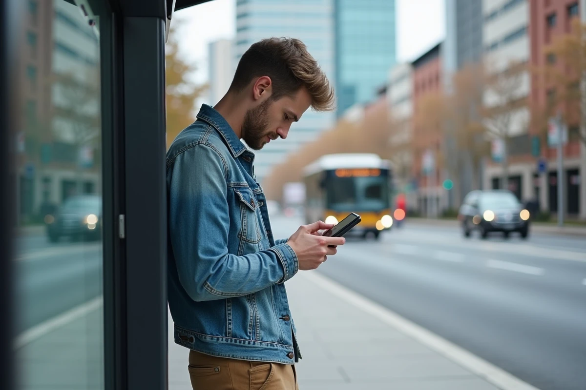 Jeune homme lisant les actualites sur son smartphone dans la rue