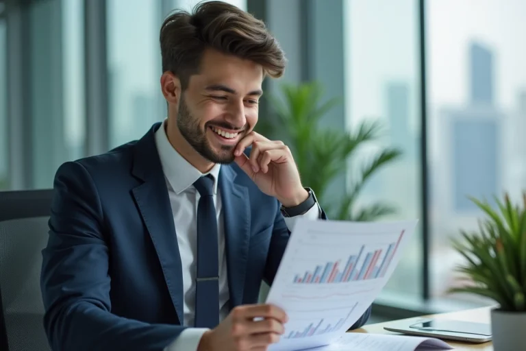 Jeune homme en costume analysant un rapport salarial dans un bureau moderne