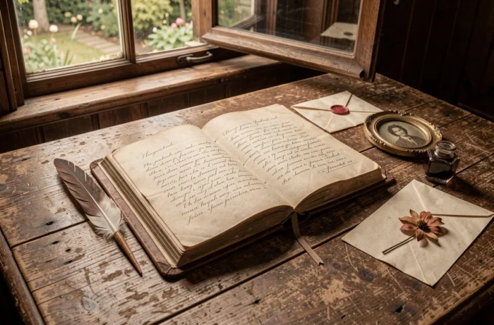 Journal intime historique ouvert sur un bureau du XIXe siècle avec plume et miniature portrait, évoquant les écrits personnels de Marie-Valérie d'Autriche