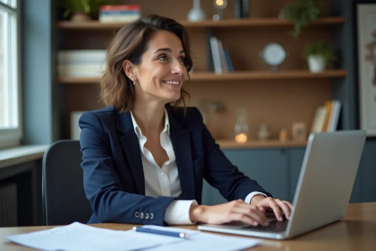 Femme journaliste en bureau moderne et organisé