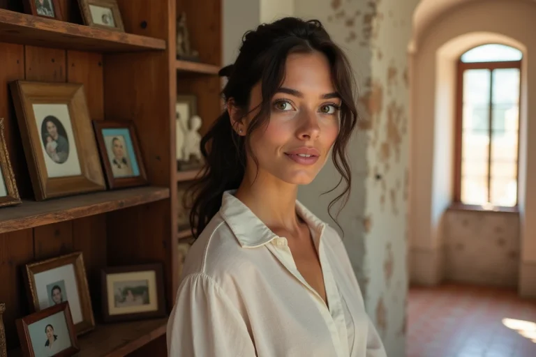 Jeune femme aux traits méditerranéens devant une étagère de photos de famille vintage, évoquant un héritage familial européen