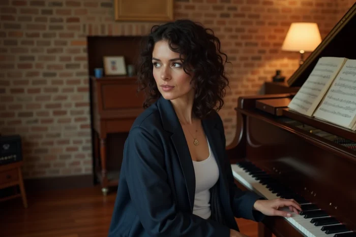Femme assise au piano dans une salle de musique avec des partitions, symbolisant la tradition musicale familiale de Kelly Vedovelli