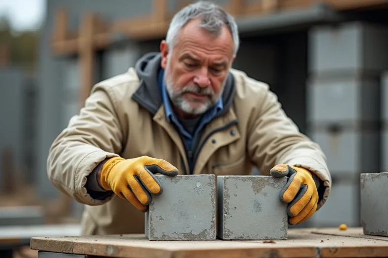 Maçon comparant un agglo et un parpaing sur un chantier de construction extérieur