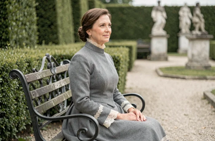 Femme en robe victorienne assise dans un jardin impérial autrichien du XIXe siècle, portrait évoquant la vie de Marie-Valérie d'Autriche fille de l'impératrice Sissi