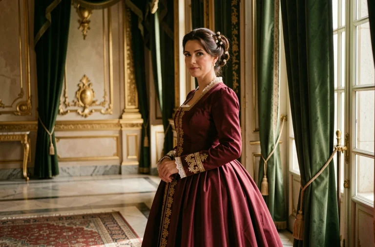 Femme en robe de cour autrichienne du XIXe siècle dans un intérieur palatial habsbourgeois évoquant Marie-Valérie d'Autriche