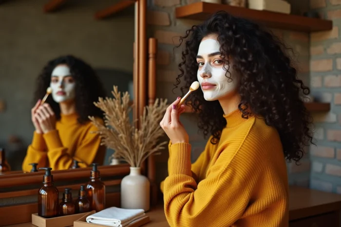 Jeune femme appliquant un masque visage à la vanité en bois dans un appartement urbain chaleureux