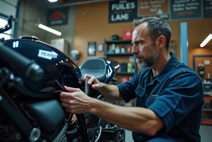 Mécanicien mesurant la capacité du réservoir d'une moto nue dans un atelier professionnel