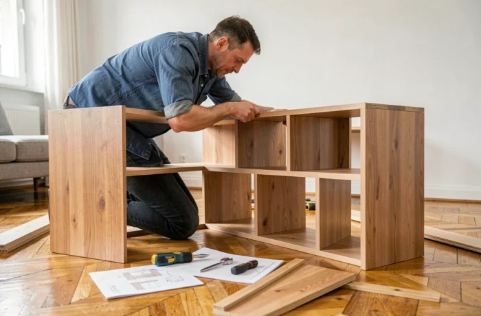 Homme assemblant un meuble étagère scandinave dans un salon lumineux avec parquet en bois