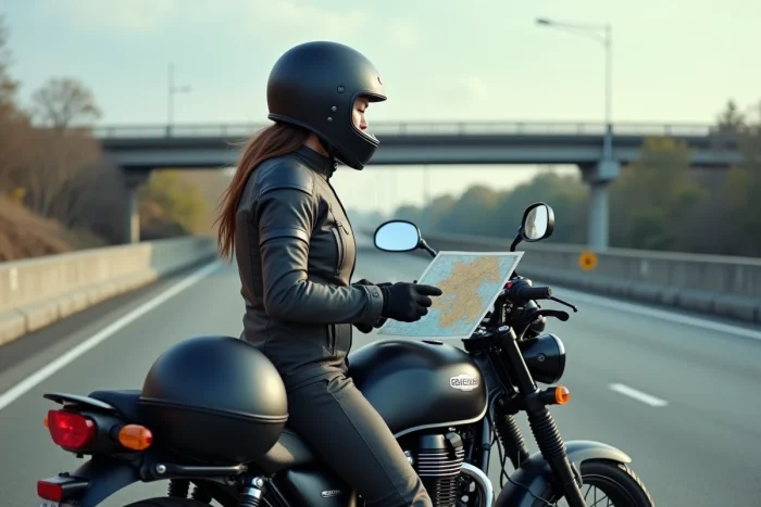 Motarde planifiant un long trajet avec une moto de tourisme à grand réservoir sur une aire d'autoroute