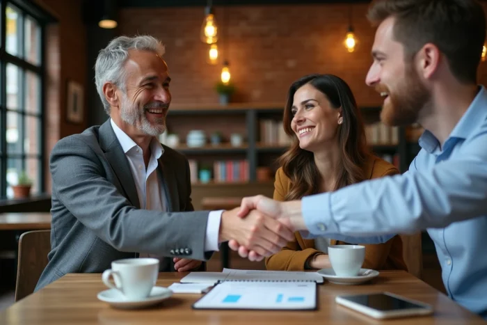 Deux associés entrepreneurs scellant un partenariat commercial autour d'un plan d'affaires dans un café moderne