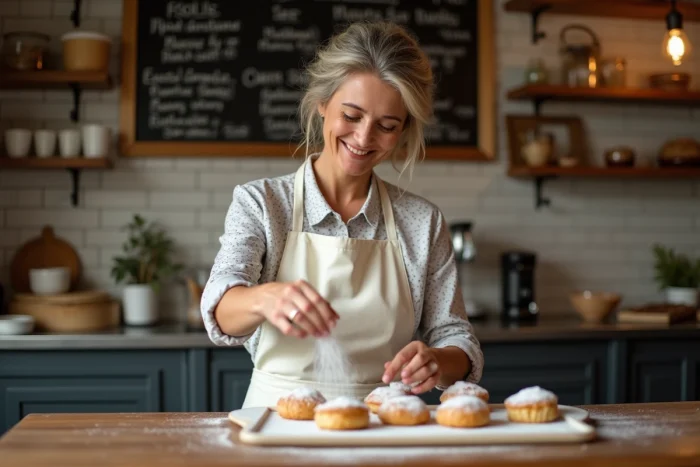 Femme française saupoudrant de sucre glace sur des viennoiseries