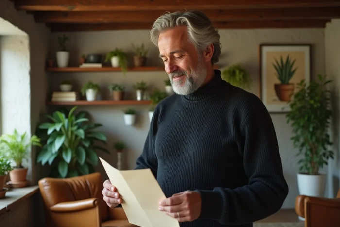 Portrait intimiste d'un homme aux cheveux poivre et sel souriant en lisant une note manuscrite dans un intérieur chaleureux