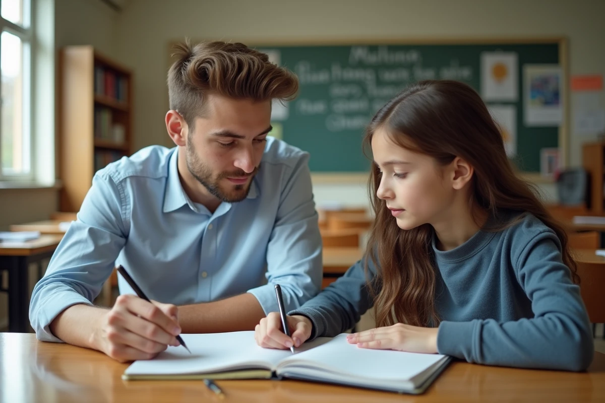 Jeune professeur discutant avec un élève dans une classe