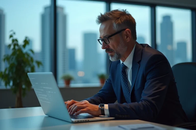 Homme IT en costume concentré sur son ordinateur portable