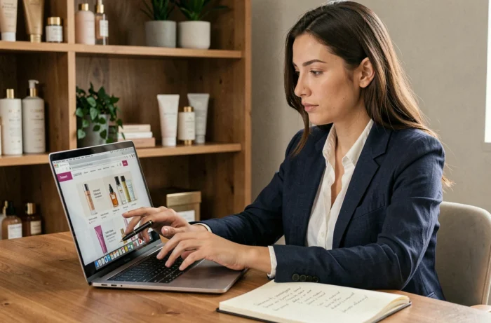 Femme recherchant des cosmétiques de luxe en ligne sur un ordinateur portable dans un bureau moderne et chaleureux