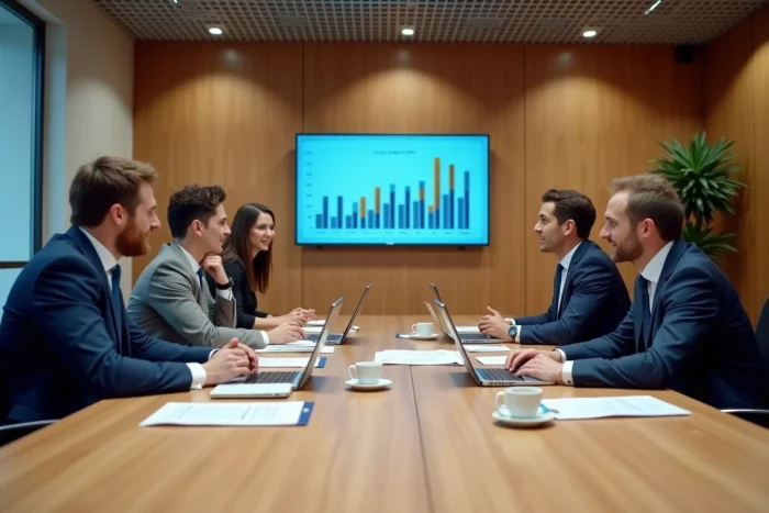 Réunion d'équipe professionnelle autour d'une table de conférence avec rapports et écrans dans une salle moderne, actualités business France