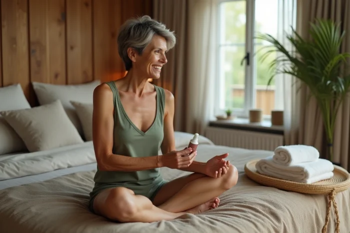 Femme mature appliquant une crème hydratante sur ses bras dans une chambre cosy aux tons naturels