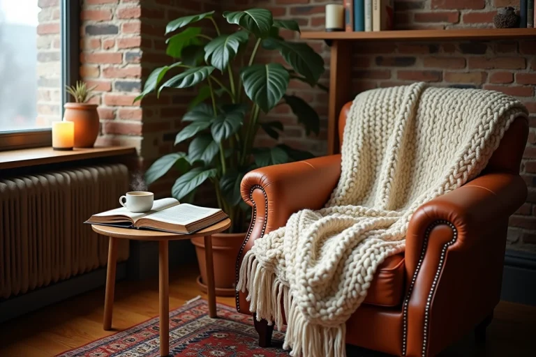 Coin salon cosy avec fauteuil en cuir, plaid en laine et bougies pour une atmosphère chaleureuse en hiver