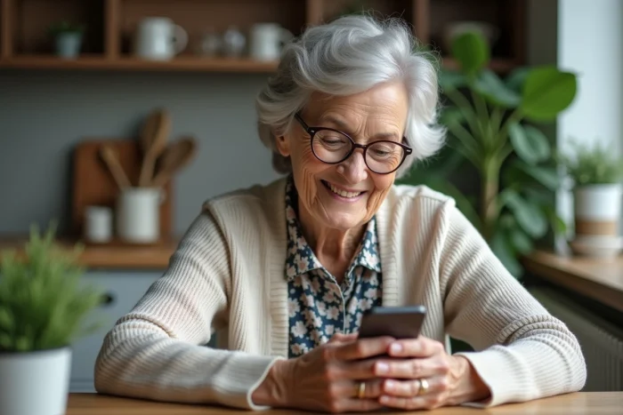 Seniorelle souriante utilisant WhatsApp dans sa cuisine