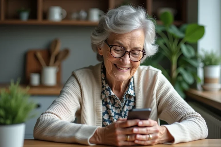 Seniorelle souriante utilisant WhatsApp dans sa cuisine