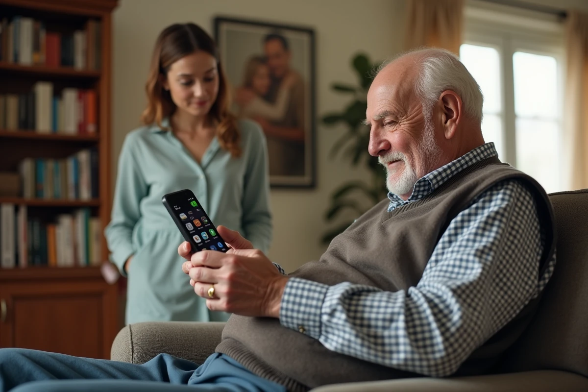 Seniorman montrant son téléphone WhatsApp à une femme dans le salon