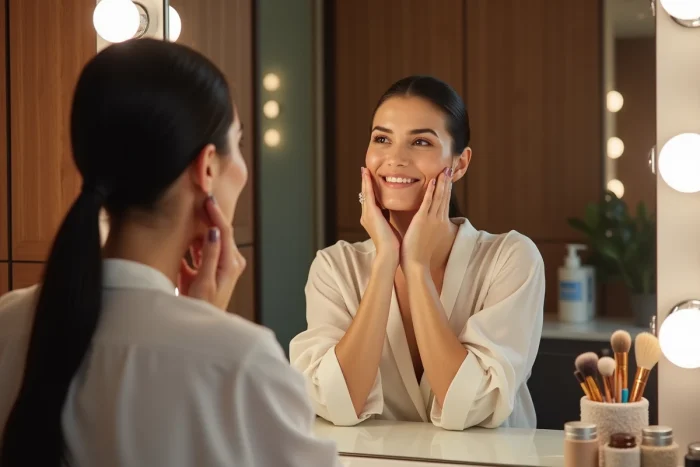 Femme mature inspectant sa peau après un soin beauté professionnel dans un salon haut de gamme
