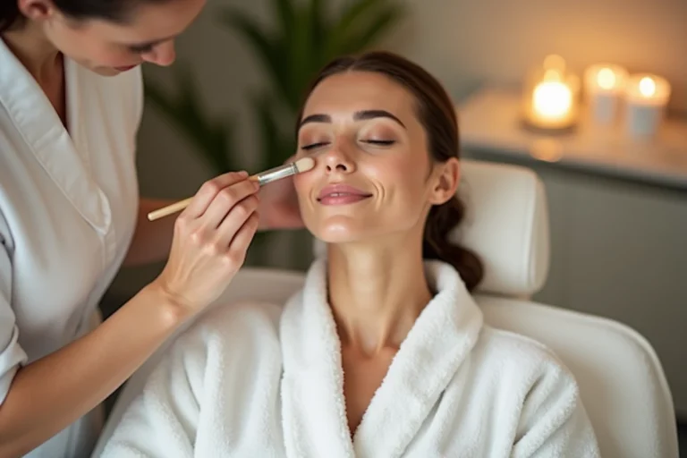 Femme en peignoir blanc recevant un soin du visage professionnel dans un institut de beauté