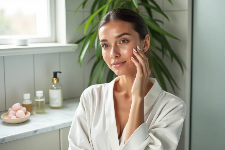 Femme appliquant un sérum visage dans une salle de bain minimaliste avec des produits de soin naturels