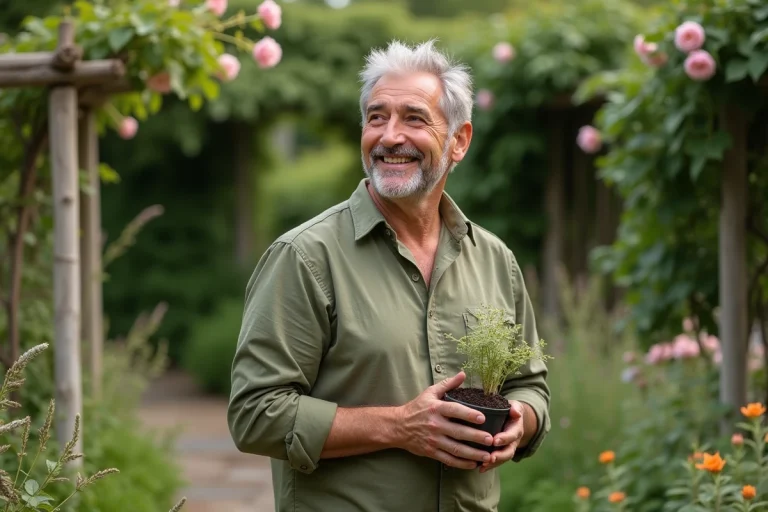Stéphane Marie dans son jardin tenant une plante en pot avec un sourire chaleureux et détendu