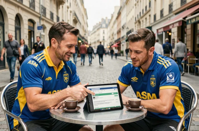 Deux supporters de l'ASM Clermont discutant d'un forum de rugby sur une tablette en terrasse de café