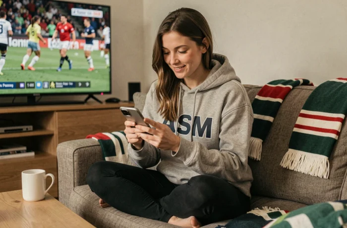 Supportrice de l'ASM Clermont utilisant son smartphone pour naviguer sur un forum de supporters rugby