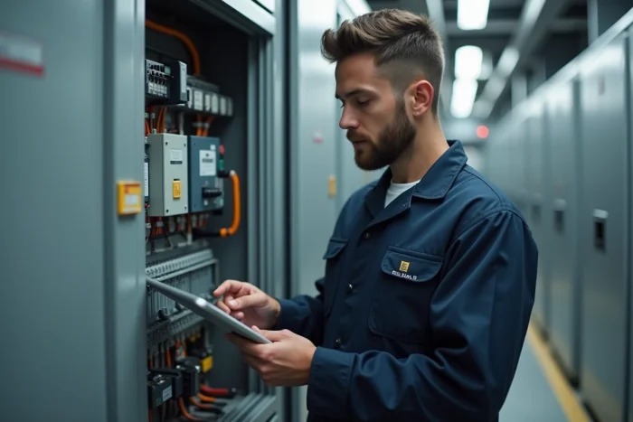 Technicien en maintenance industrielle consultant une tablette, métier accessible avec un salaire autour de 1800 euros net
