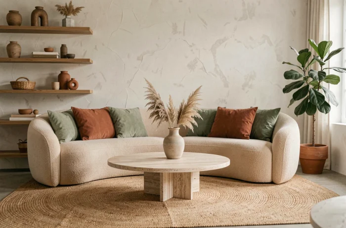 Salon moderne décoré selon les tendances actuelles avec canapé boucle beige, table en travertin et plantes vertes pour un intérieur chaleureux