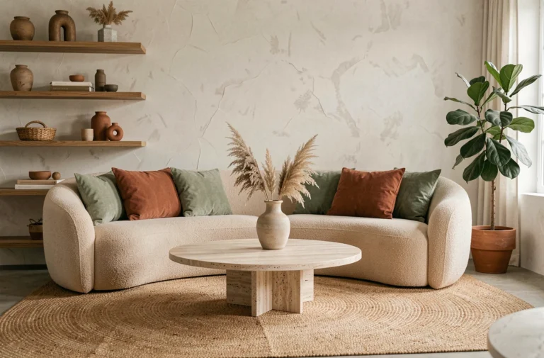 Salon moderne décoré selon les tendances actuelles avec canapé boucle beige, table en travertin et plantes vertes pour un intérieur chaleureux