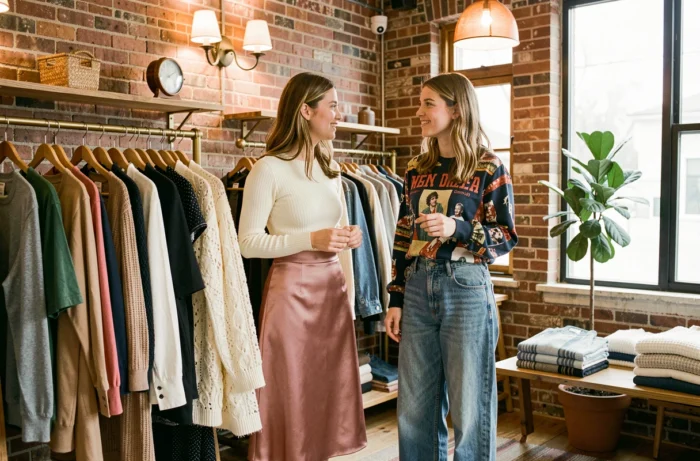 Deux jeunes femmes aux styles tendance complémentaires parcourant un portant de vêtements dans une boutique indépendante au décor en brique apparente, illustrant la diversité des tendances mode de la saison